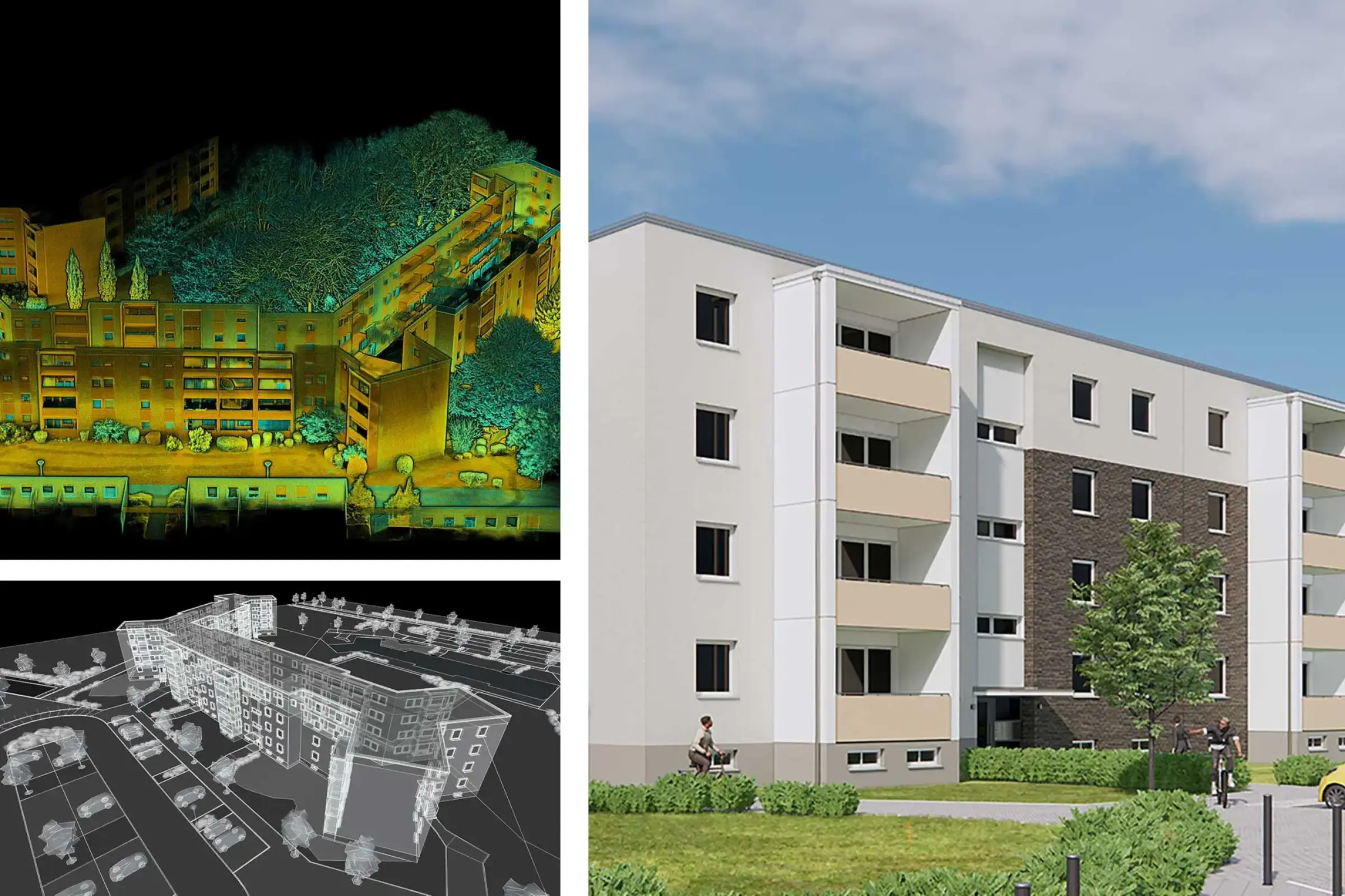 Collage con rilievo architettonico e scansione della facciata di un complesso residenziale