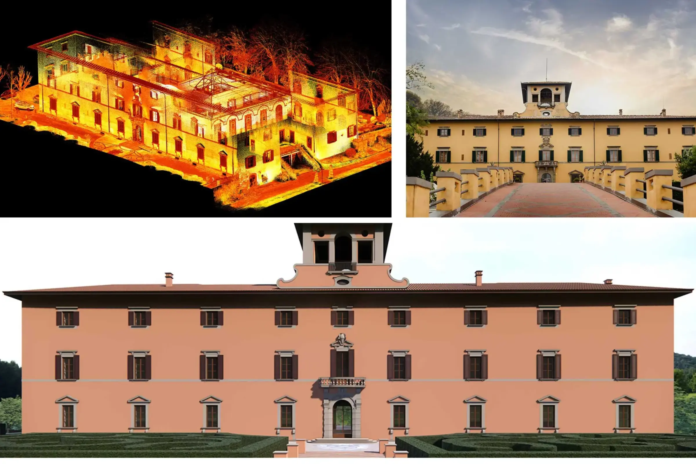 Collage con rilievo architettonico di Villa Castelletti a Signa, modellazione BIM