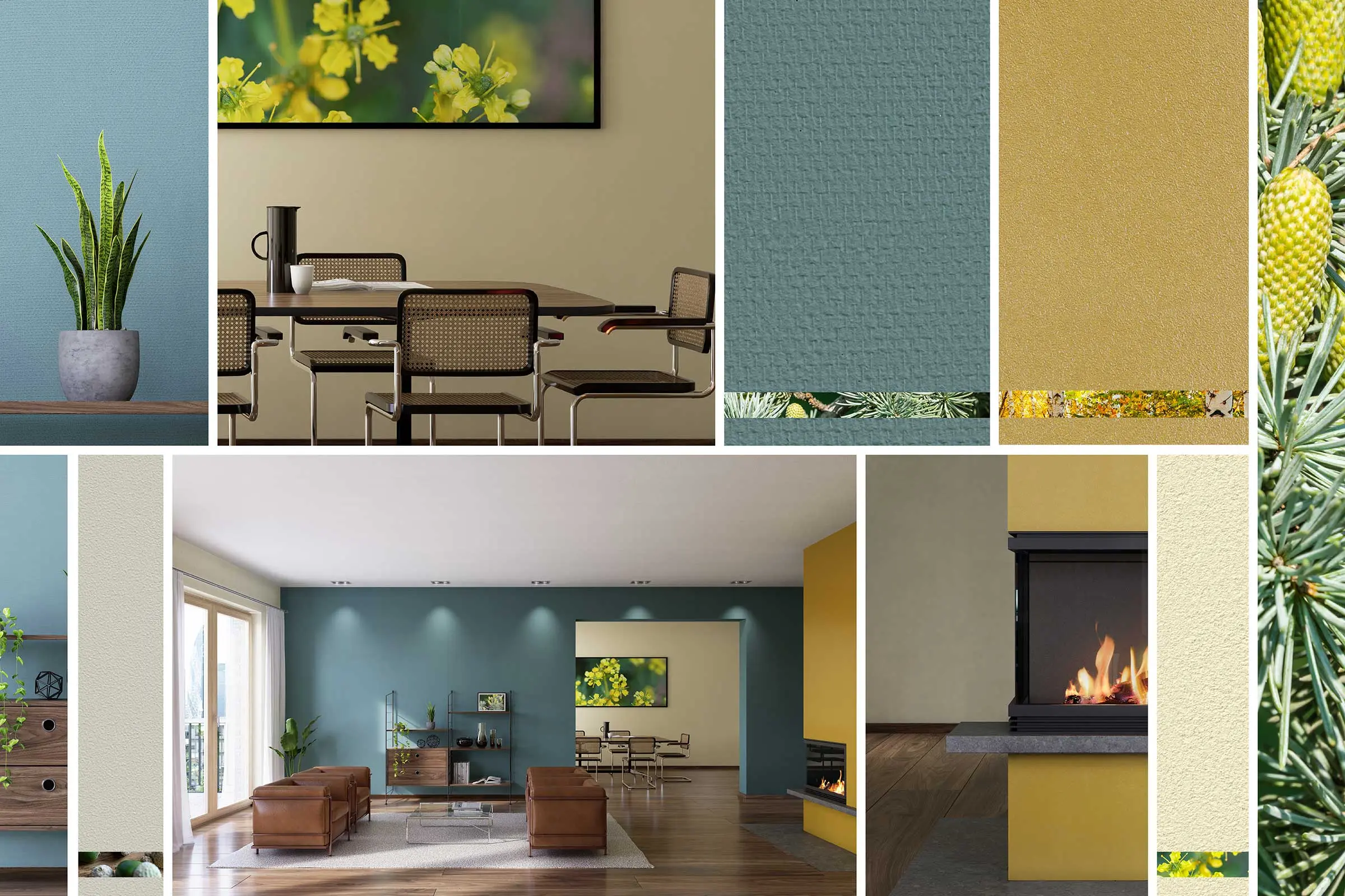 Collage di ambienti interni con palette colori Interior Colors 24+ Sto, tonalità naturali verde, blu