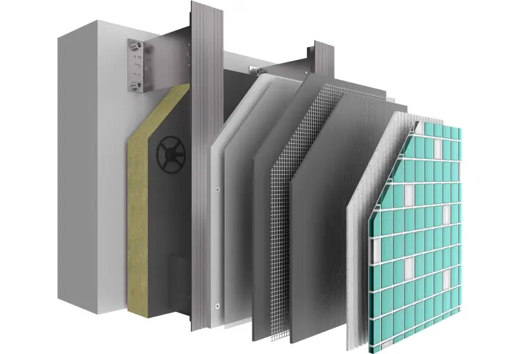 Facciata ventilata, stratigrafia di StoVentec M superficie in mosaici di vetro