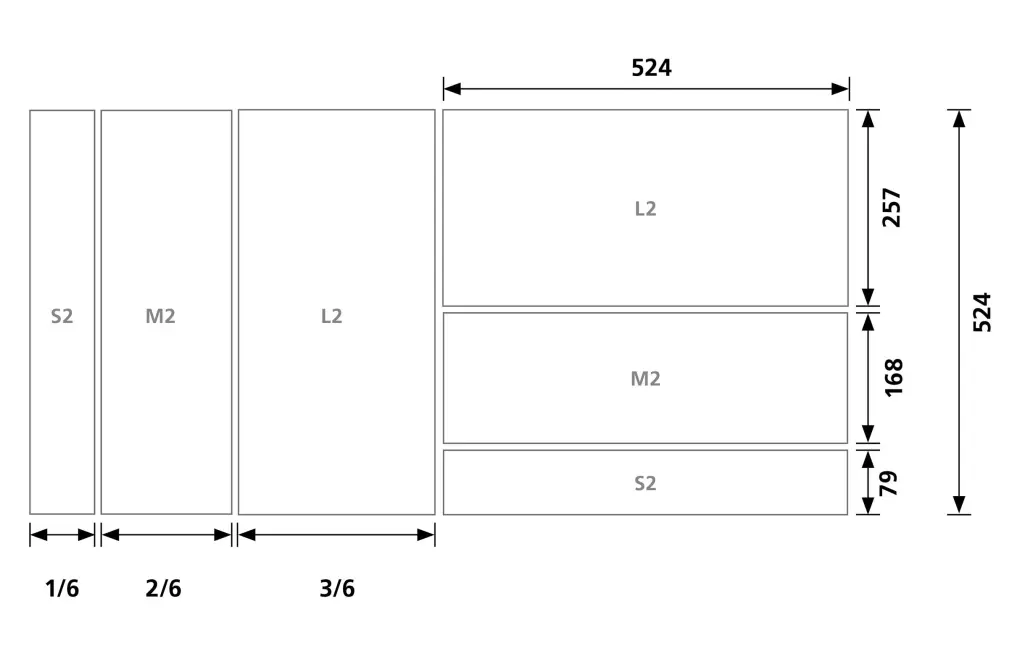 Zeichnung modulare Formate Sto Naturstein: S2: 524 x 79 mm; M2: 524 x 168 mm; L2: 524 x 257 mm