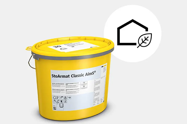 Unser nachhaltigstes WDVS: Systemkomponente Unterputz aus nachwachsenden Rohstoffen im gelben Eimer: StoArmat Classic AimS®