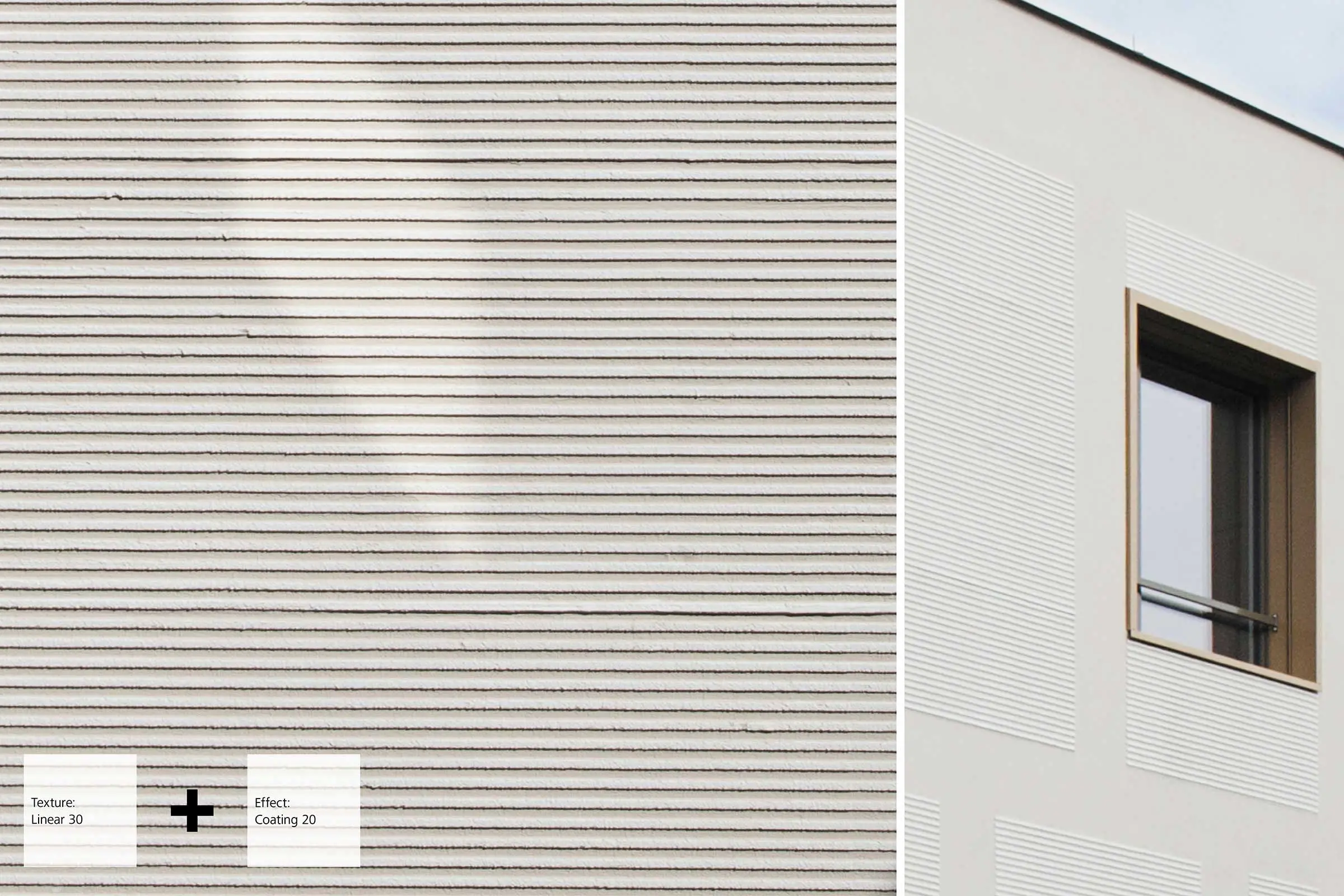 Grobe, lineare Putzfassade mit Detailansicht daneben, StoSignature Putzstruktur mit Farbbeschichtung