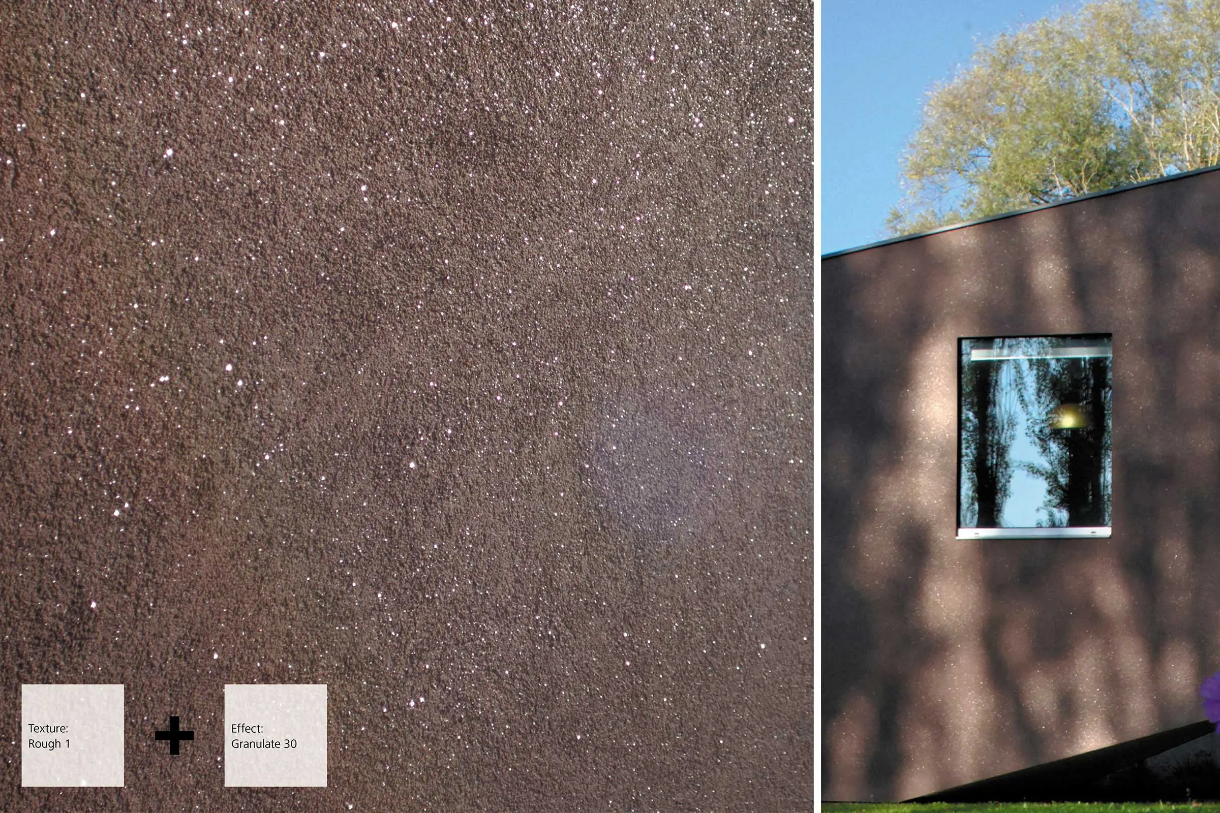 Grobe, braune Putzfassade mit Detailansicht daneben, StoSignature Putzstruktur mit Glasgranulat