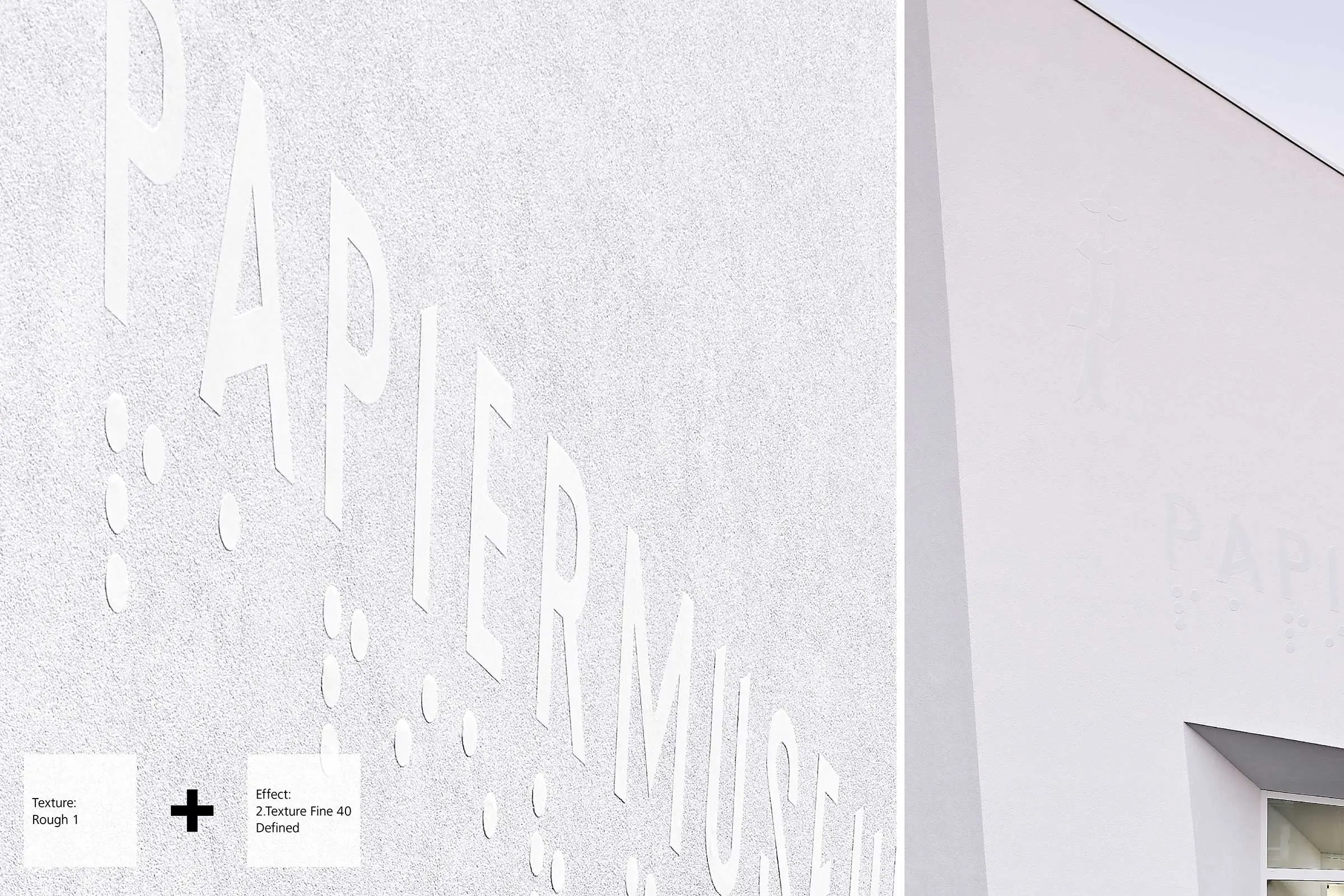 Weiße Putzfassade mit Detailansicht daneben. Beschichtet mit 2 StoSignature Putztexturen