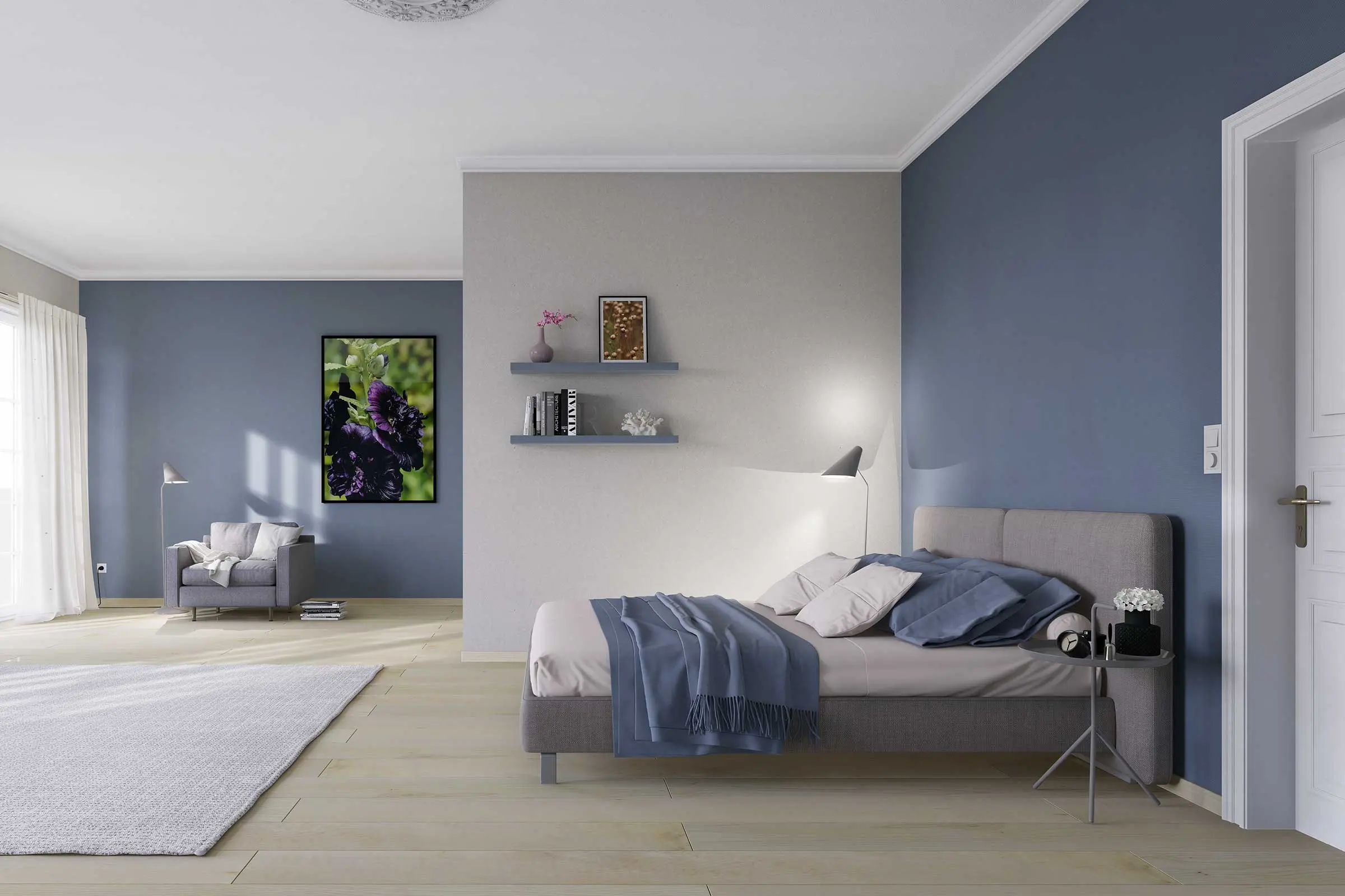 Schlafzimmer in Blau und Weiß, Farbgebung mit den Farbtönen Interior Colors 2024+ von Sto